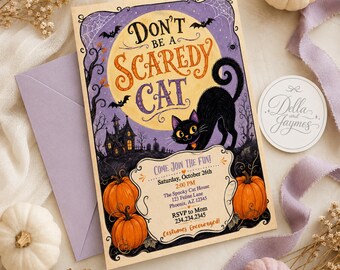 Scaredy Cat Halloween Party Invitation + Mobile Editable Digital Download