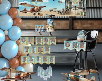 Airplane First Birthday Party Decorations, Time Flies One Banner, Editable Boy Birthday Set, Aviation Party, Printable Download