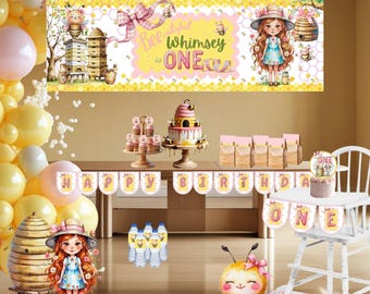 Bee Birthday Party | Instant Digital Download Party Pack | Honey Invitation, Banner, Cupcake Topper, Highchair, Poster |Editable Bumble bee