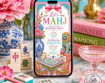 Mahjong Birthday Invitation & Mobile Invite | Editable Instant Digital Download | Gingham Pink Party Printable