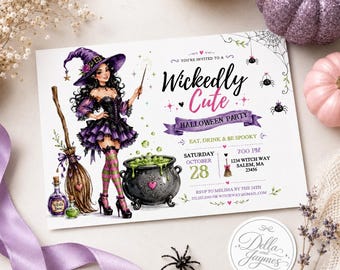 Halloween Wickedly Cute Party Invitation + Mobile | Adult Birthday Witch Party Editable Digital Download