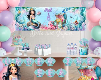Mermaid Birthday Party Decor Set | Digital Download Under the Sea Theme | Editable Mermaid Bash Invite, Banner, Welcome Poster