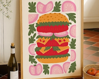 Arte de parede de hambúrguer para impressão, pôster de cheeseburger, pôster de comida Smash Burger, pôster de cozinha de fast food, download digital
