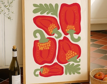 Arte mural imprimible de pimiento rojo, impresión de póster de pimiento rojo, póster de arte gastronómico de pimiento rojo, póster de cocina de verduras, descarga digital