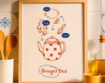 Póster de receta de té de jengibre, impresión de póster de té de jengibre, póster de bebida herbal, arte mural retro para cocina, arte mural para amantes del té