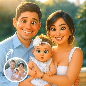 Portrait de dessin animé personnalisé de style Pixar | Oeuvre d'art numérique personnalisée de couples, de familles et d'animaux de compagnie | Illustration de cadeau unique