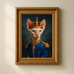 May include: A framed portrait of a hairless cat wearing a gold crown and a blue military-style jacket with gold accents. The cat has green eyes and a regal expression, set against a dark blue background.