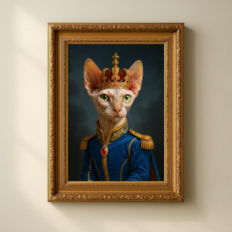 May include: A framed portrait of a hairless cat wearing a gold crown and a blue military-style jacket with gold accents. The cat has green eyes and a regal expression, set against a dark blue background.