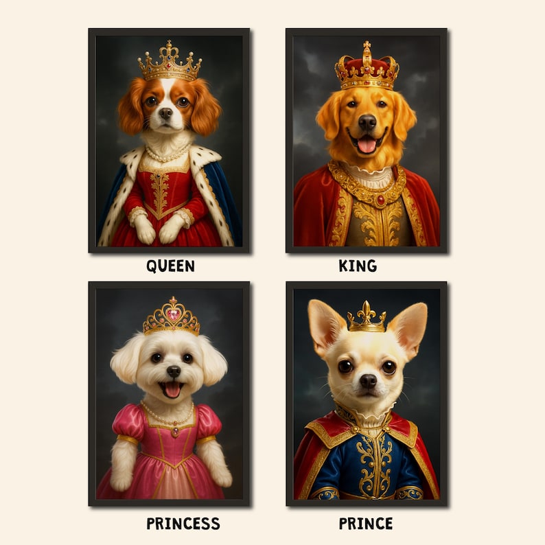 May include: Four framed portraits of regal dogs: a Cavalier King Charles Spaniel as Queen, a Golden Retriever as King, a Maltese as Princess, and a Chihuahua as Prince. Each dog wears a crown and royal attire, with text labels below.