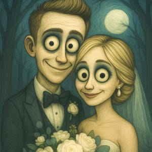 May include: Illustration of a newlywed couple with exaggerated features. The man wears a dark suit and bow tie, while the woman is in a white wedding dress and veil, holding a bouquet. The background features a full moon and dark trees.