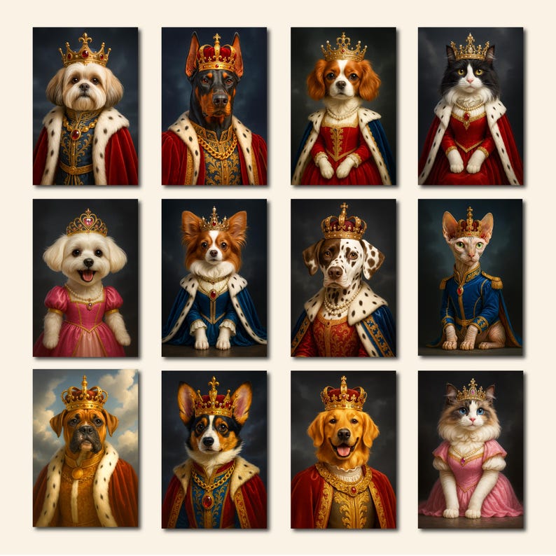 May include: A collection of twelve portrait prints featuring dogs and cats dressed in royal attire, including crowns, robes, and ornate jewelry. The animals are depicted in a regal style, with a dark background.