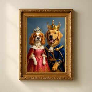 May include: A framed portrait of two dogs dressed as royalty. A Cavalier King Charles Spaniel wears a pink dress and crown. A Golden Retriever wears a blue coat and crown. The ornate gold frame adds to the regal theme.
