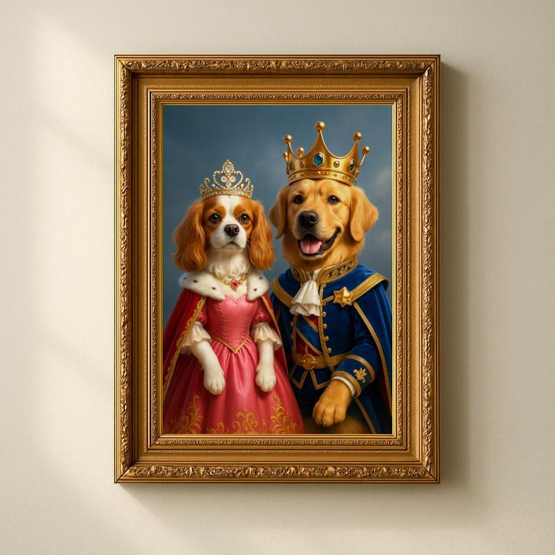 May include: A framed portrait of two dogs dressed as royalty. A Cavalier King Charles Spaniel wears a pink dress and crown. A Golden Retriever wears a blue coat and crown. The ornate gold frame adds to the regal theme.
