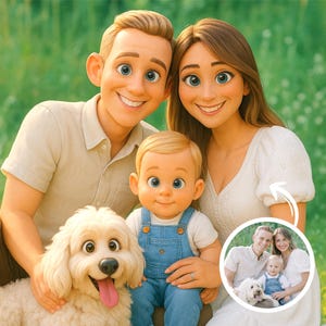 Portrait de dessin animé personnalisé de style Pixar | Oeuvre d'art numérique personnalisée de couples, de familles et d'animaux de compagnie | Illustration de cadeau unique