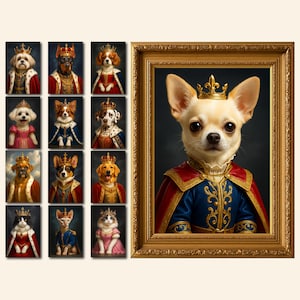 May include: A framed portrait of a Chihuahua wearing a gold crown, royal blue and red cape, and ornate gold trim. The image is surrounded by smaller portraits of dogs and cats in regal attire, each with a crown and royal clothing.