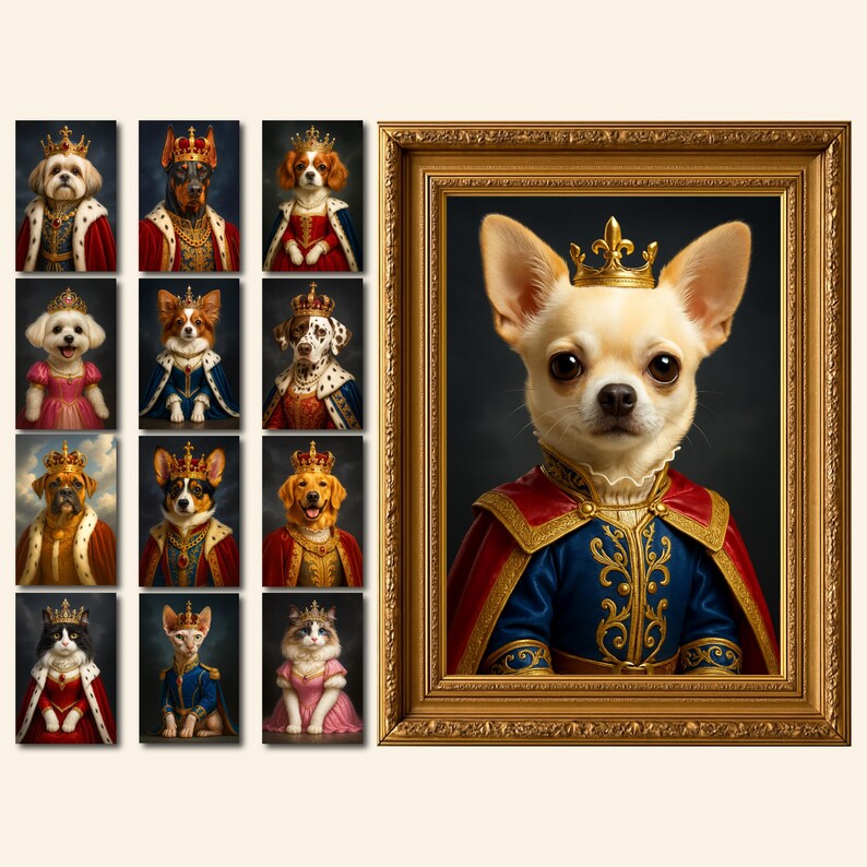 May include: A framed portrait of a Chihuahua wearing a gold crown, royal blue and red cape, and ornate gold trim. The image is surrounded by smaller portraits of dogs and cats in regal attire, each with a crown and royal clothing.