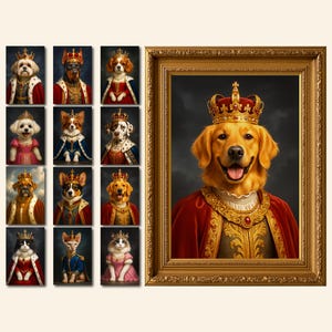 May include: A framed portrait of a golden retriever in a crown and royal garments, with smaller portraits of dogs and cats in regal attire. The artwork uses rich colours and detailed designs, creating a sense of royalty.