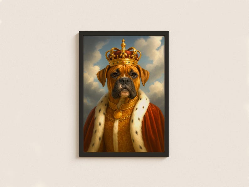 May include: A framed portrait of a Boxer dog wearing a gold crown and royal attire. The dog has a regal expression, with a red and white trimmed robe. The background features a cloudy sky.