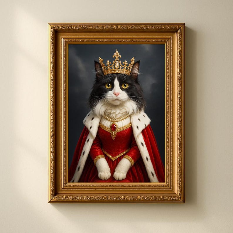 May include: A framed portrait of a regal cat, adorned with a golden crown and a red and white robe. The cat has black and white fur and yellow eyes. The frame is gold and ornate, set against a dark background.