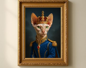 Portrait d'animal de compagnie royal personnalisé, peinture de chat de la Renaissance, portraits de chiens majestueux, art mural pour animal de compagnie, cadeau commémoratif pour animal de compagnie pour amoureux des chats, costume victorien