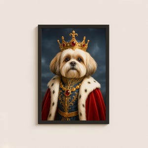 May include: A framed portrait of a small dog wearing a gold crown with red jewels, a red cape, and a royal blue and gold embroidered outfit. The dog has light brown fur and a regal expression. The background is a dark, cloudy sky.