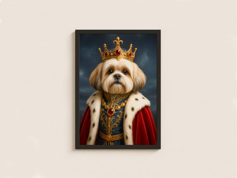 May include: A framed portrait of a small dog wearing a gold crown with red jewels, a red cape, and a royal blue and gold embroidered outfit. The dog has light brown fur and a regal expression. The background is a dark, cloudy sky.