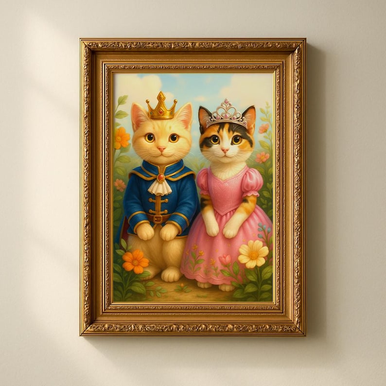 May include: A framed painting depicts two regal cats. One cat wears a gold crown and blue jacket, the other a tiara and pink dress. They stand amidst flowers, set against a sky background. The frame is ornate gold.
