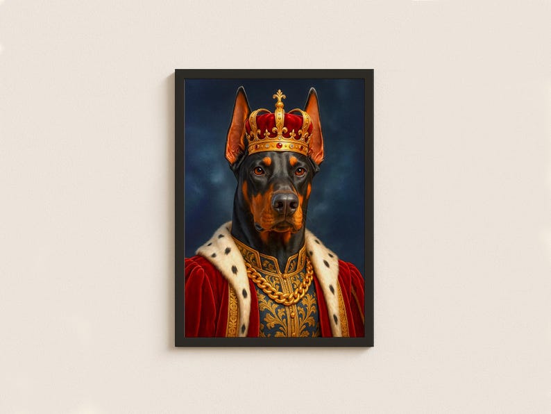 May include: A framed portrait of a Doberman Pinscher wearing a gold crown, a red velvet robe, and a gold chain. The dog has a black and brown coat and is set against a dark blue background.