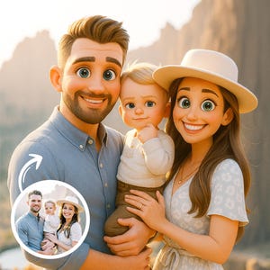 Aangepast cartoonportret in Pixar-stijl | Gepersonaliseerde digitaal kunstwerk van stellen, gezinnen en huisdieren | Illustratie uniek cadeau