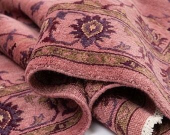 Hand Knotted Pink Oushak Rug, Vintage Floral Wool Area Carpet, Custom Size