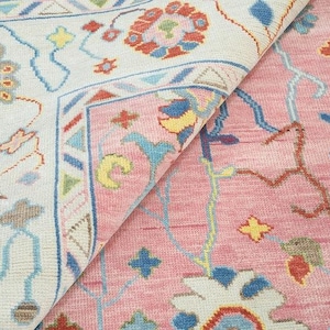 Pink Wool Area Rug | Hand-Knotted Turkish Oushak Style Rug | Floral Bohemian Decor Rug | 3x5, 4x6, 5x8, 6x9, 9x12