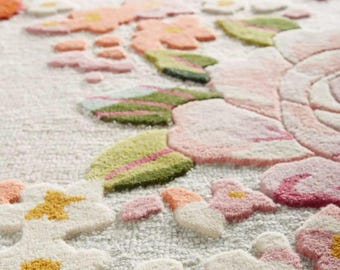 Hand Tufted Wool Rug; Vintage Floral Botanical Carpet, Custom Size