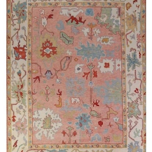 Hand-Knotted Oushak Rug – Pink Beige Modern Wool Area Rug, Turkish Ivory Accent Carpet, 4x6 5x8 6x9 8x10 9x12 – Contemporary Evergreen Style