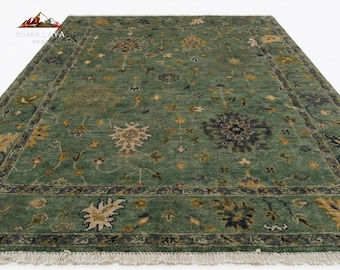 Hand Knotted Green Oushak Wool Rug, Vintage Turkish Floral Carpet