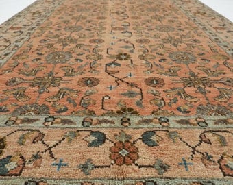 Hand Knotted Vintage Style Floral Rug, Muted Coral Wool Carpet, Traditional Oriental Area Rug , Living Room Decor