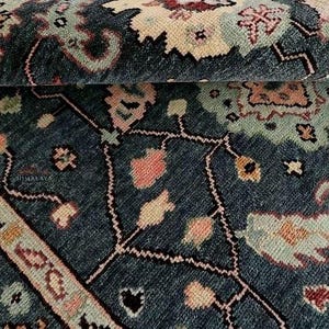 Hand Knotted Navy Blue Oushak Wool Rug; Vintage Turkish Floral Carpet, Boho Home Decor