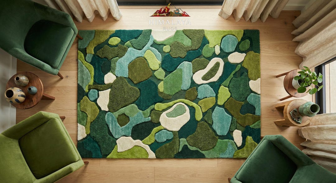 Hand Tufted Green Abstract Wool Rug | Organic Shape Area Decor - Etsy