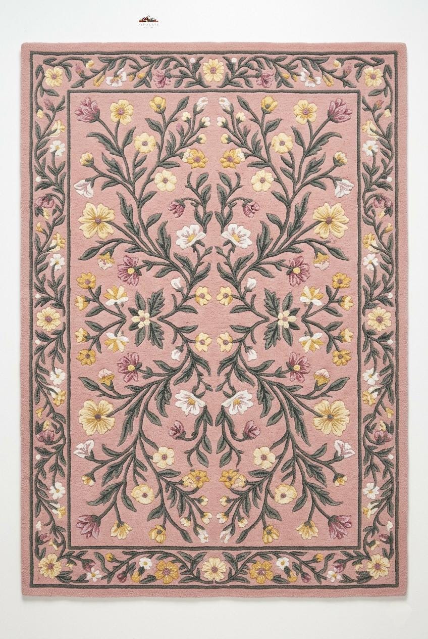 Blush Pink Floral Hand Tufted Wool Rug, Vintage Botanical Design Carpet ...
