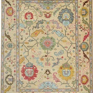 Hand Knotted Oushak Wool Rug | Beige Turkish Style Carpet