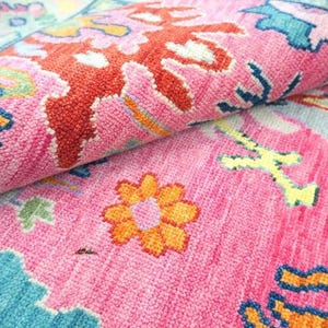Hand-Knotted Pink Oushak Rug | Colorful Floral Wool Area Rug | Turkish Style Oriental Rug | 3x5 4x6 5x8 6x9 8x10 9x12