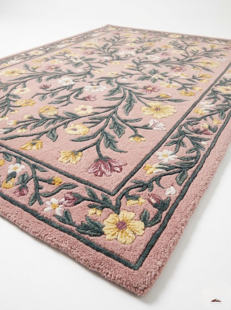 Blush Pink Floral Hand Tufted Wool Rug, Vintage Botanical Design Carpet ...