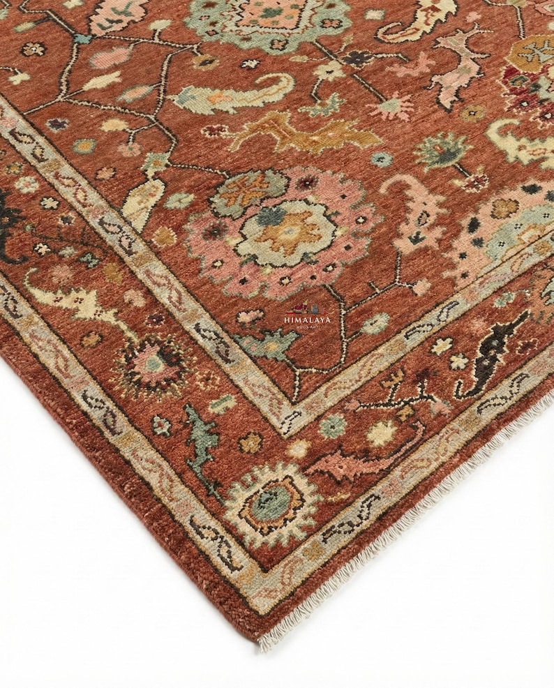 Hand Knotted Oushak Rug | Vintage Rust Floral Wool Area Rug | Turkish ...