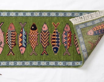 Colorful Fish Motif Hand-Knotted Wool Runner Rug, Folk Art Coastal Decor, Narrow Hallway Carpet