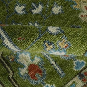 Luxury Green Hand-Knotted Oushak Rug| Olive Green, Terracotta Wool Area Rug| Boho Wool Rug for Living Room or Hallway| 5x8, 6x9, 9x12, 12x15