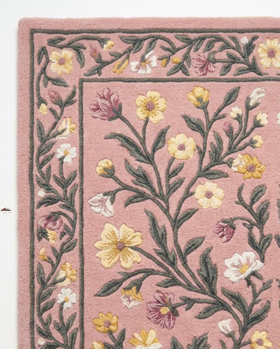 Blush Pink Floral Hand Tufted Wool Rug, Vintage Botanical Design Carpet ...