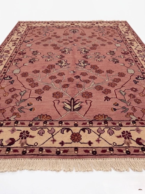 Blush Pink Handknotted Oushak Wool Rug, Vintage Floral Oriental Area Rug, Artisan Handmade Carpet for Living Room & Bedroom