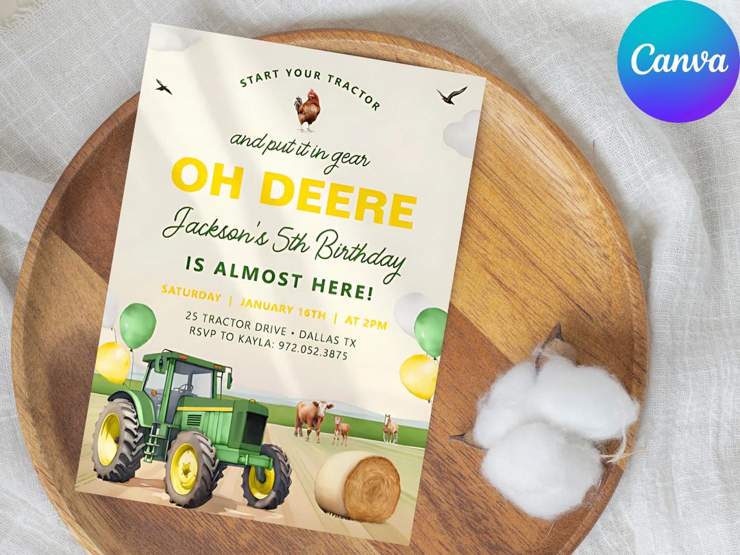 Editable Green Tractor Birthday Invitation: Farm Theme (digital Card ...