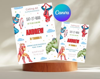 Avengers Party Editable Superheroes Birthday Invitation Template, Printable Superheroes Birthday Party Invitation Kids, Canva template