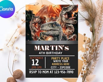 May include: A birthday invitation featuring a dinosaur theme. The top portion displays several dinosaurs against a backdrop of a volcano. The invitation includes the text "MARTIN'S 4TH BIRTHDAY" and event details: date, time, and RSVP information.