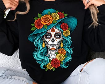 La Catrina PNG, Sugar Skull Dia De Los Muertos PNG, Day Of The Dead PNG, Halloween Sublimation, Floral Mexican Catrina
